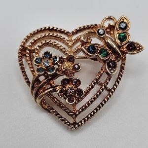 VINTAGE LJ Signed Copper Tone Rhinestone Butterfly Heart Brooch Pin
